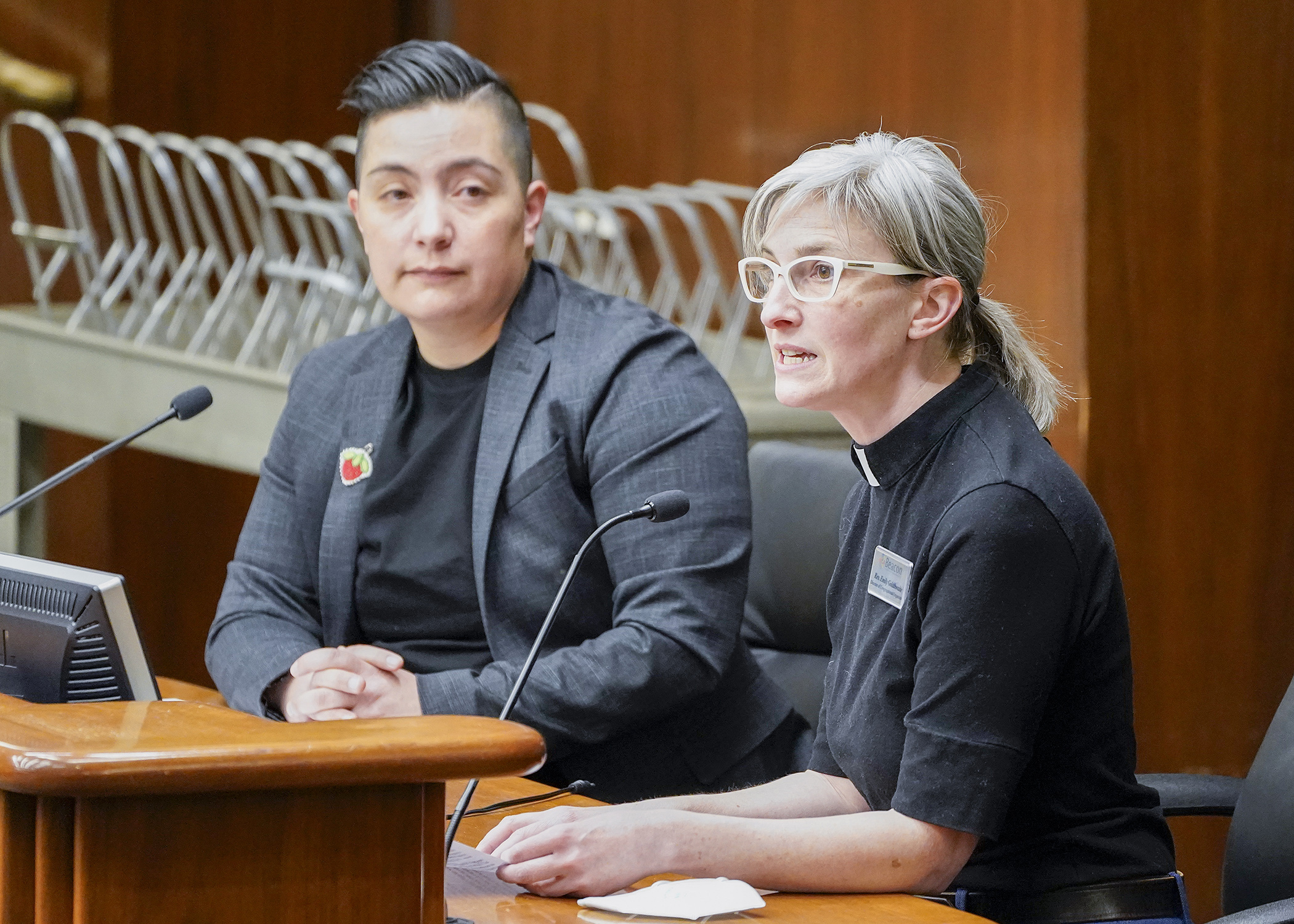 The Rev. Emily Goldthwaite, director of congregational organizing for Beacon Interfaith Housing Collaborative, testifies March 20 on a bill intended to spur development of more multi-family housing units. (Photo by Michele Jokinen)